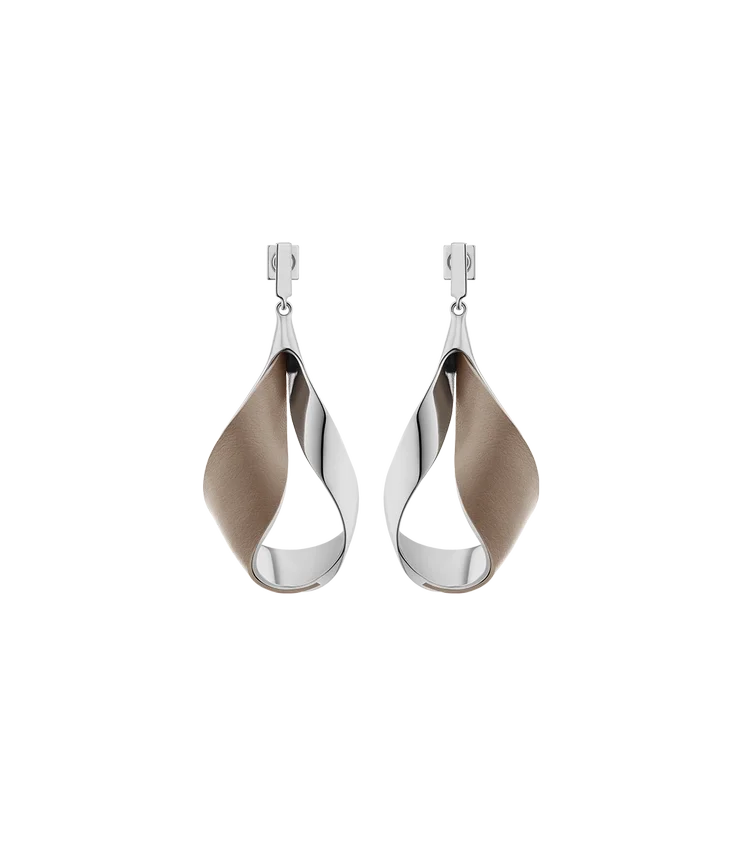 Ormé Pendant Earrings Edition Silver in rhodium with Taupe Leather